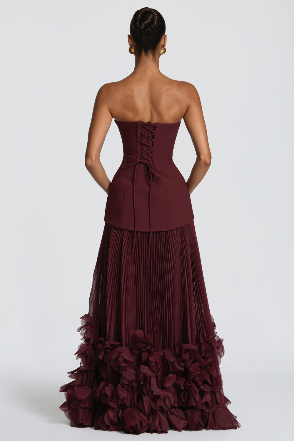 Aurélie Vincent | Cherry Red Pleated Maxi Dress – Strapless Bustier 3D Flower Organza Evening Gown