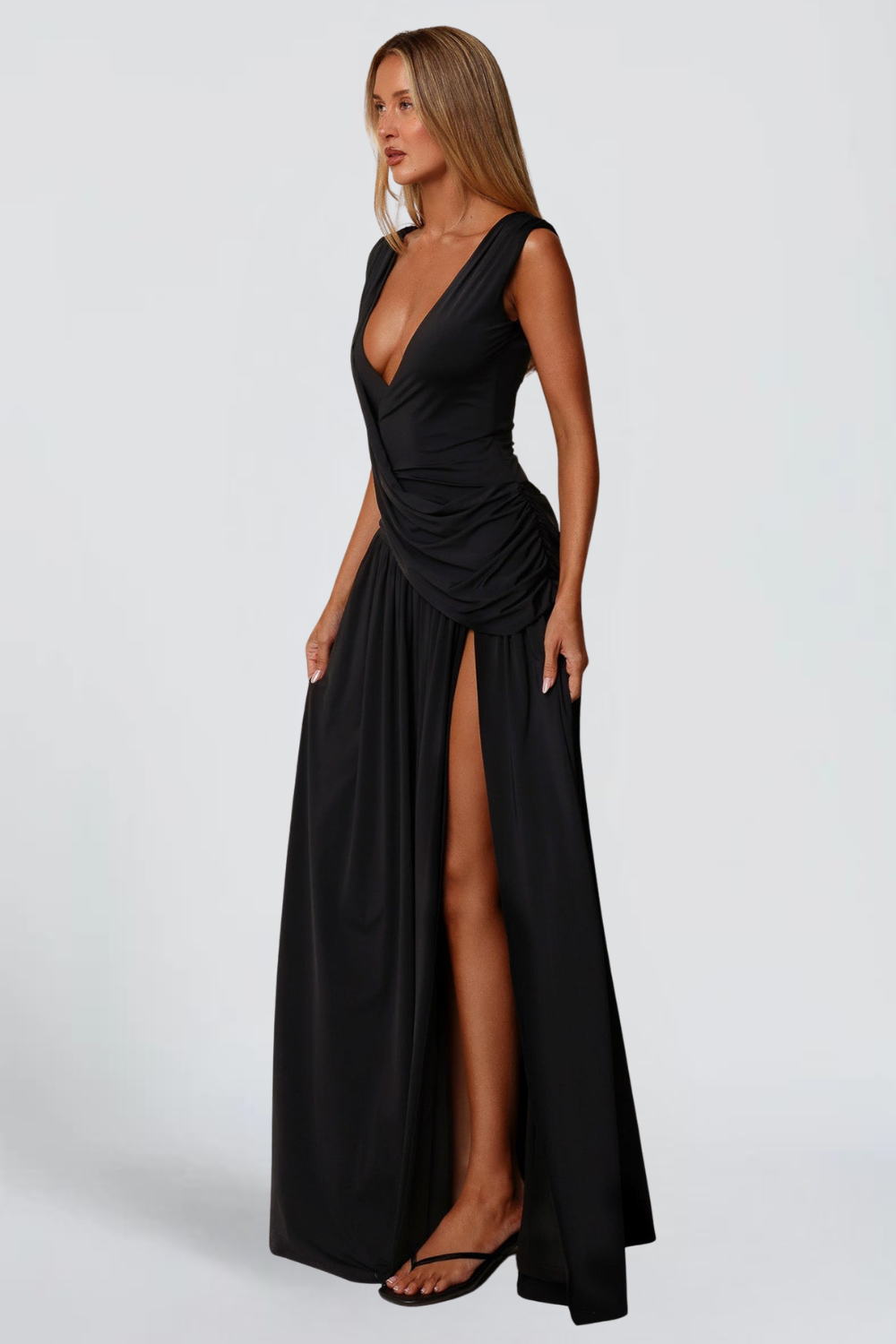 GISÈLE DE MONTCLAR | Grecian Draped Maxi Dress – Pleated V-Neck Cape Back Thigh Slit Evening Gown