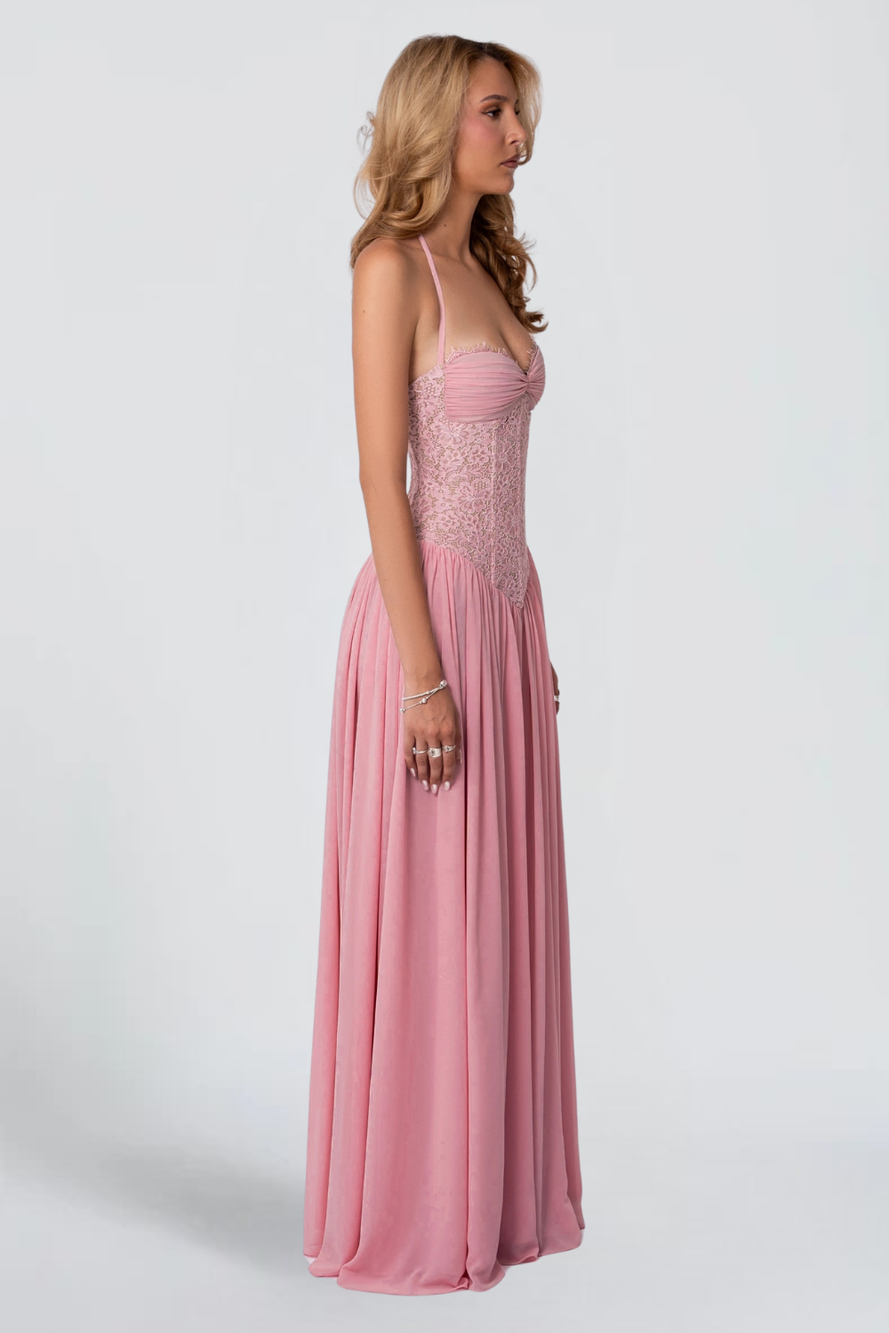 Louise Girard | Lace Corset Maxi Dress – Bustier Drop Waist Pleated Flowy Vintage Gown