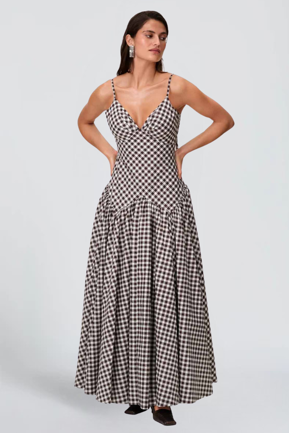 Emma Simon | Gingham Check Maxi Dress – V-Neck Drop Waist Full Skirt Summer Sundress