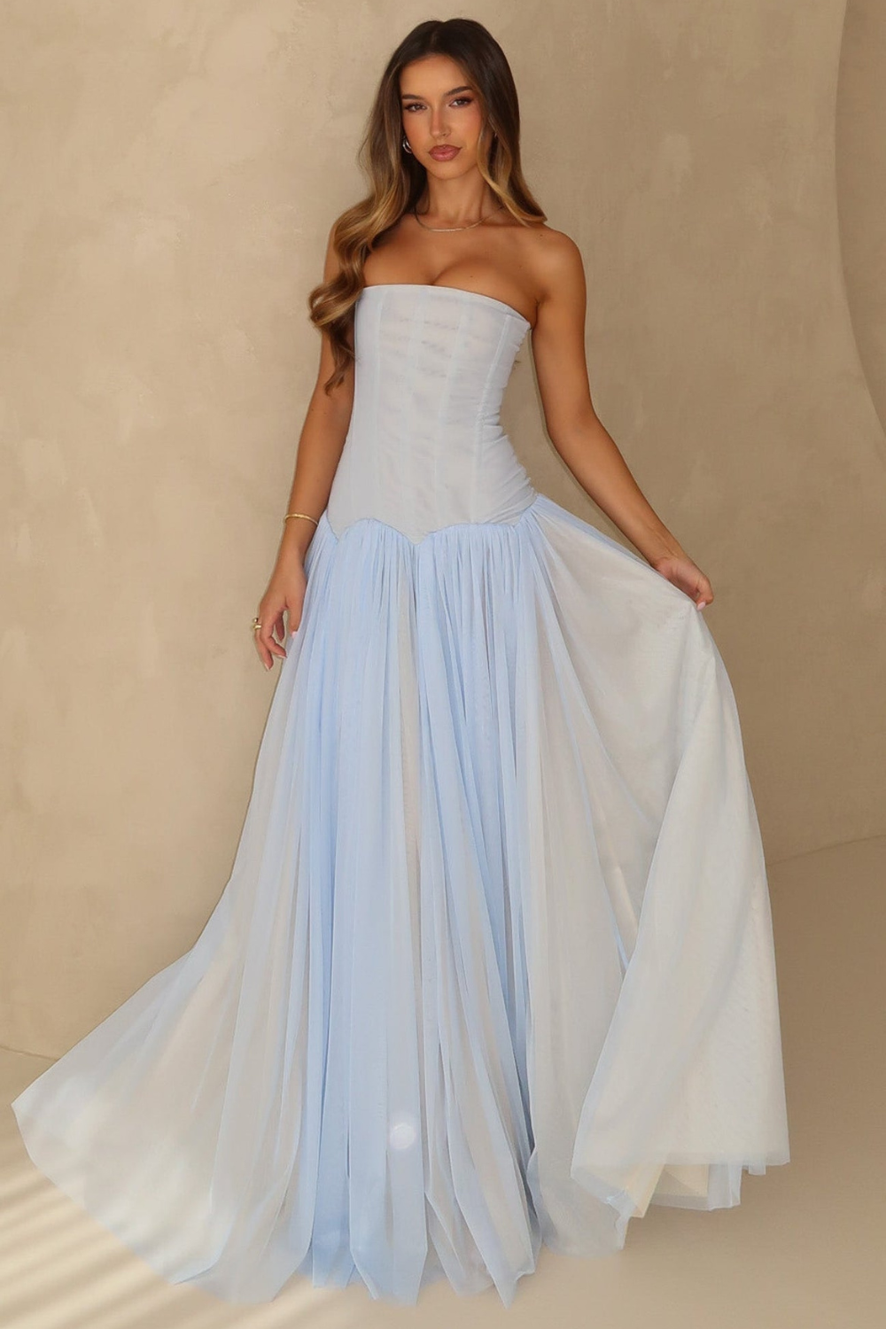 Margot Morel | Strapless Corset Tulle Maxi Dress – Pleated Boned Bodice Ball Gown