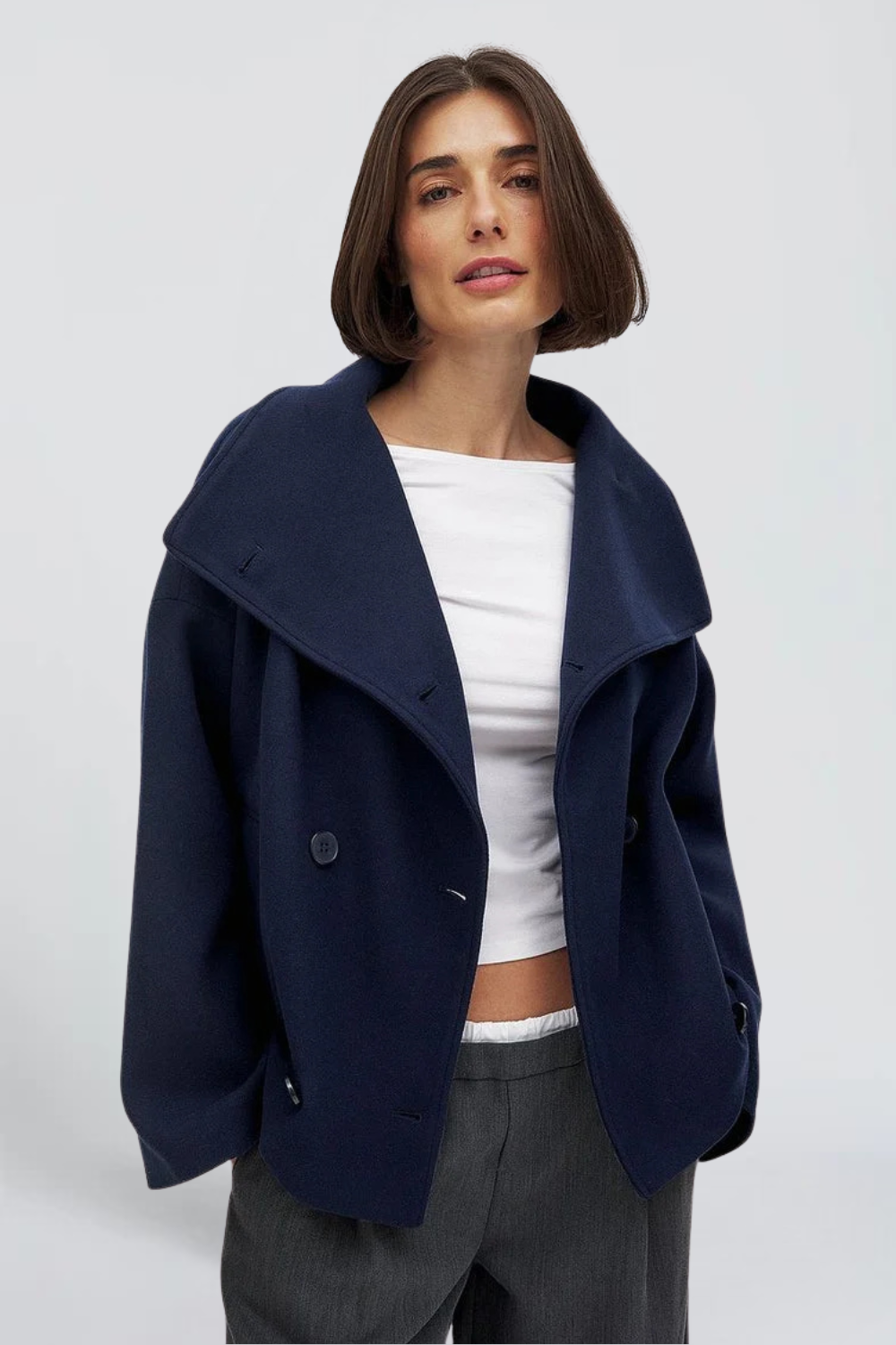 Célia Meyer | Women's Cropped Trench Jacket with Funnel Neck – Double-Breasted Cotton Coat