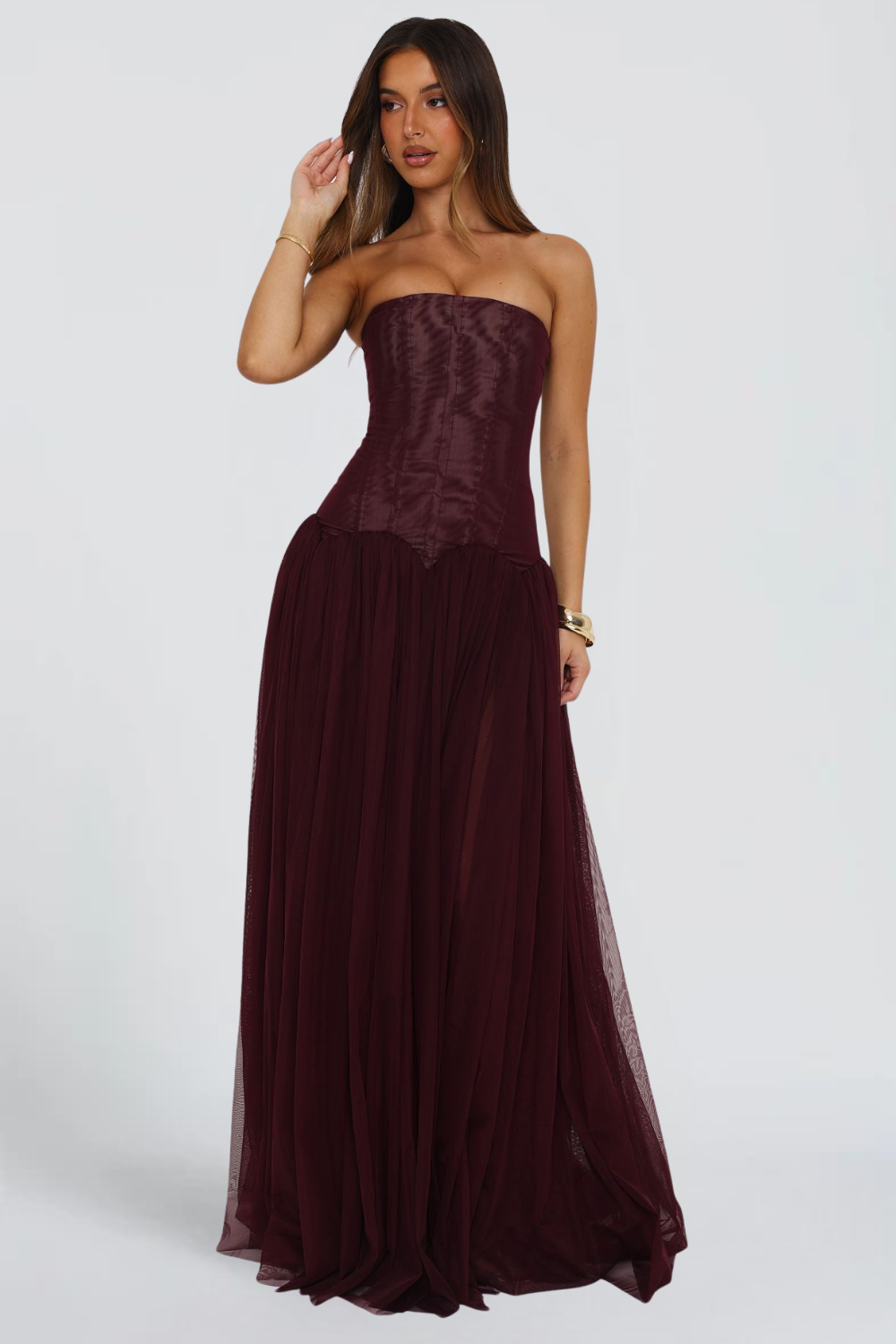 Margot Morel | Strapless Corset Tulle Maxi Dress – Pleated Boned Bodice Ball Gown