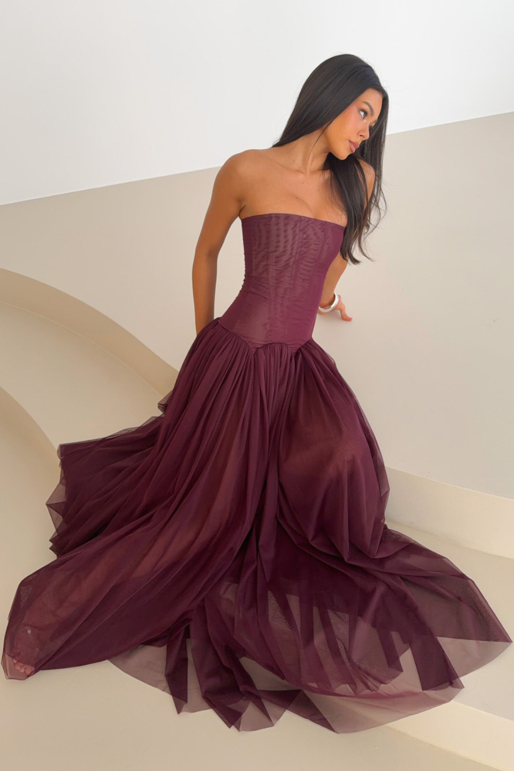 Margot Morel | Strapless Corset Tulle Maxi Dress – Pleated Boned Bodice Ball Gown