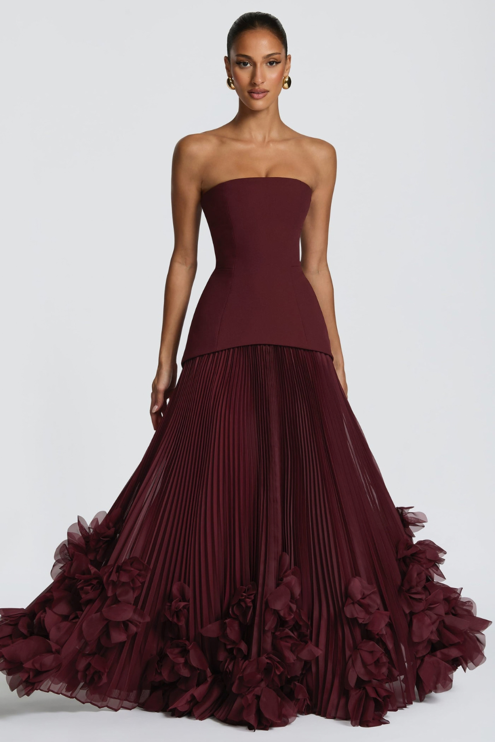 Aurélie Vincent | Cherry Red Pleated Maxi Dress – Strapless Bustier 3D Flower Organza Evening Gown