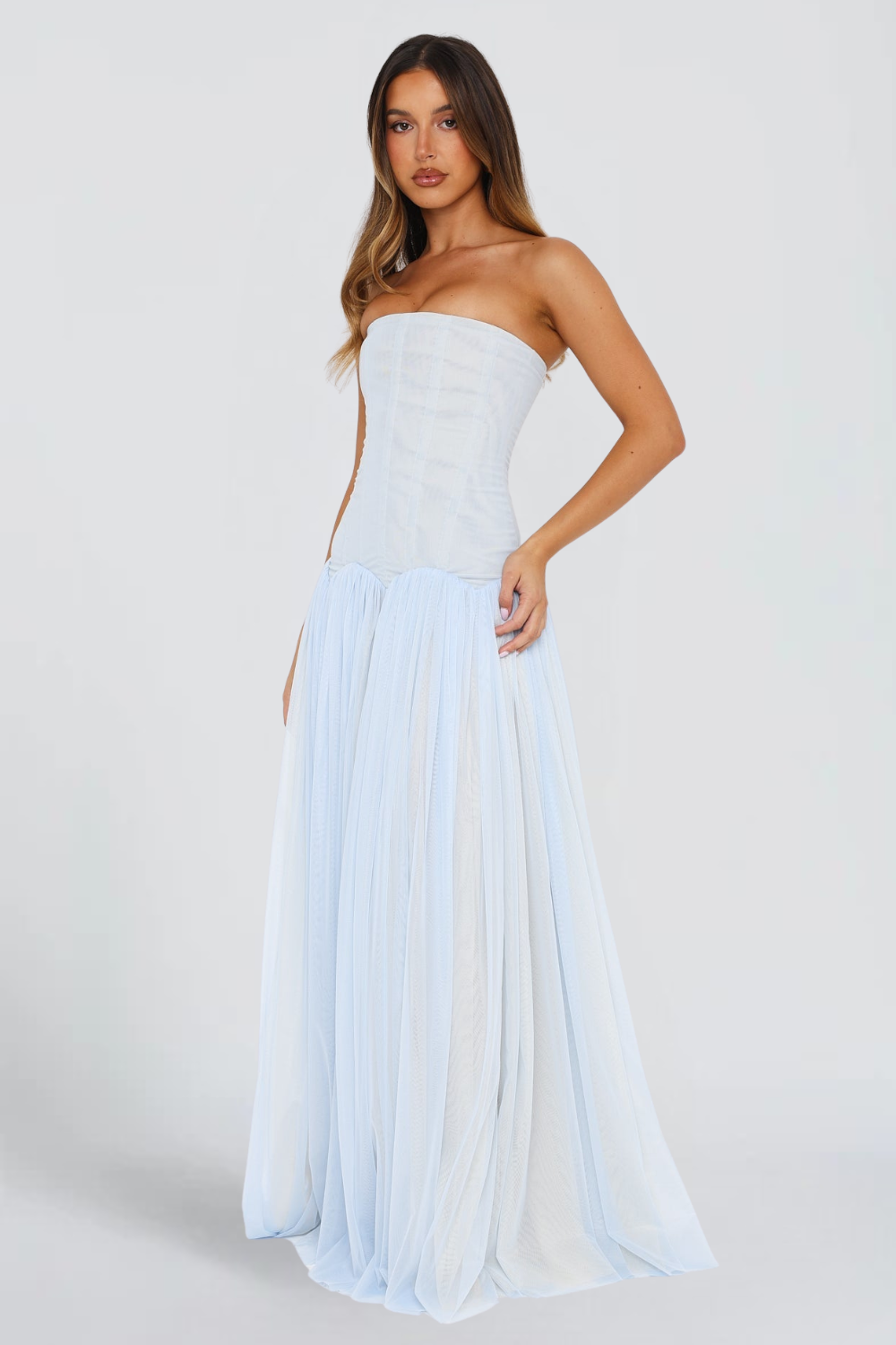 Margot Morel | Strapless Corset Tulle Maxi Dress – Pleated Boned Bodice Ball Gown