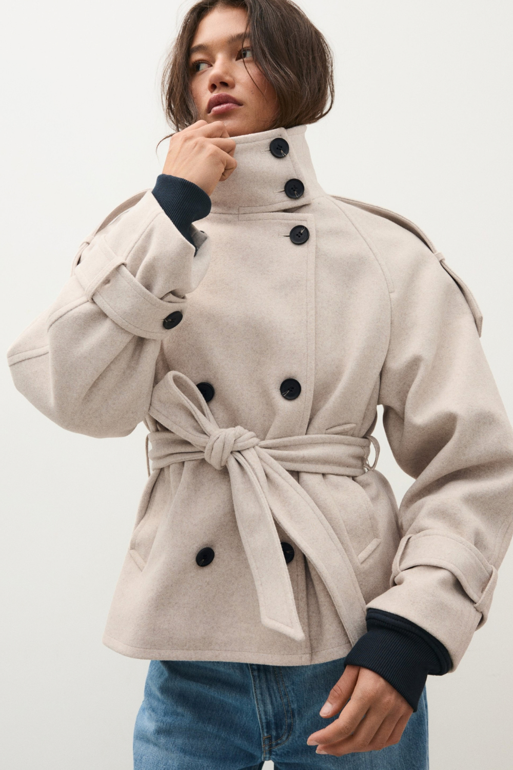 Hélène Blanchard | Women's Black Funnel Neck Trench Coat – Short Belted Double-Breasted Jacket
