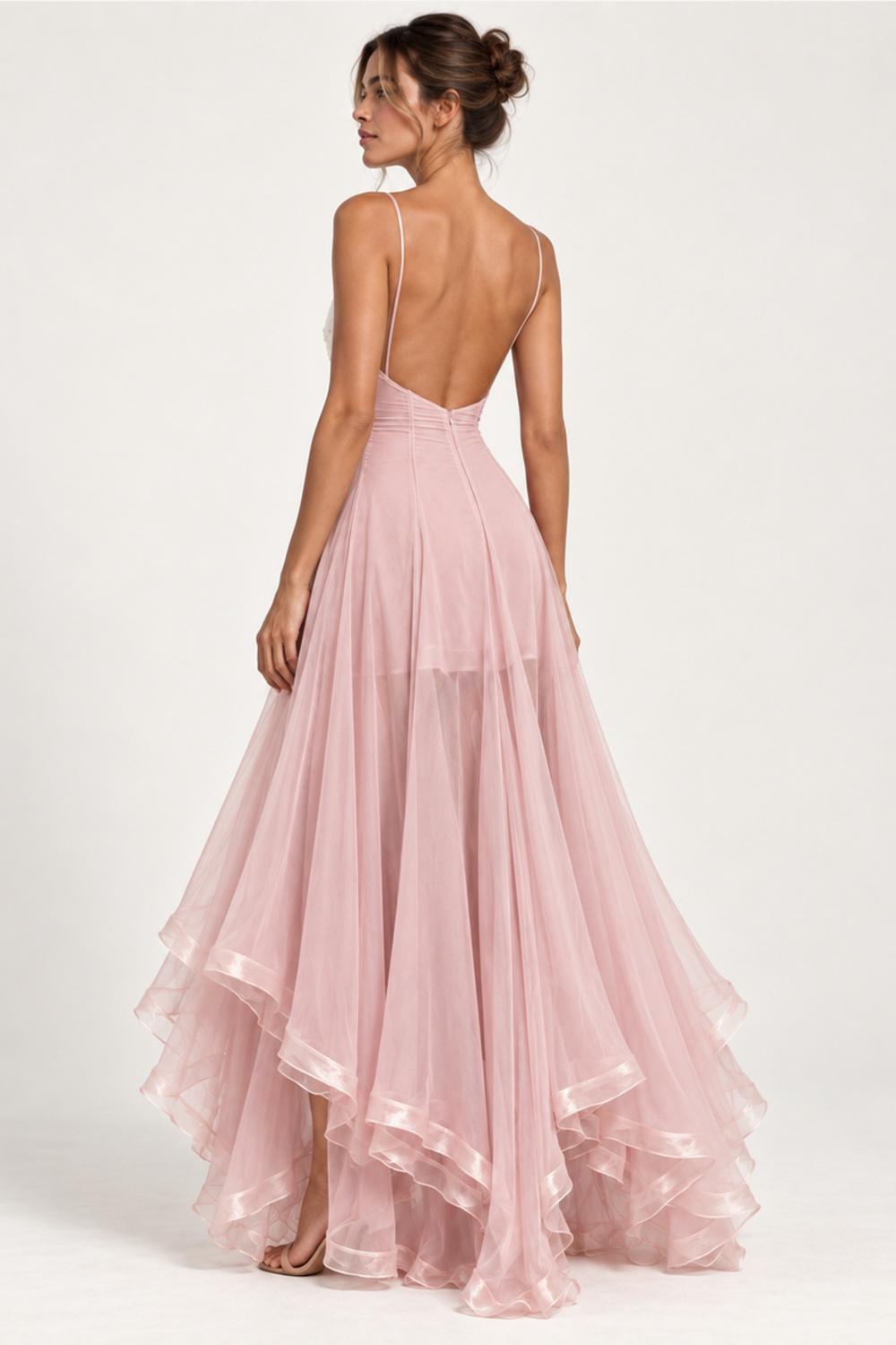 Céline Rousseau | Organza Corset Maxi Dress – Embroidered Spaghetti Strap Handkerchief Hem Princess Gown