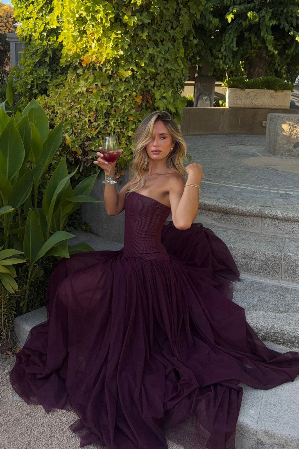 Margot Morel | Strapless Corset Tulle Maxi Dress – Pleated Boned Bodice Ball Gown