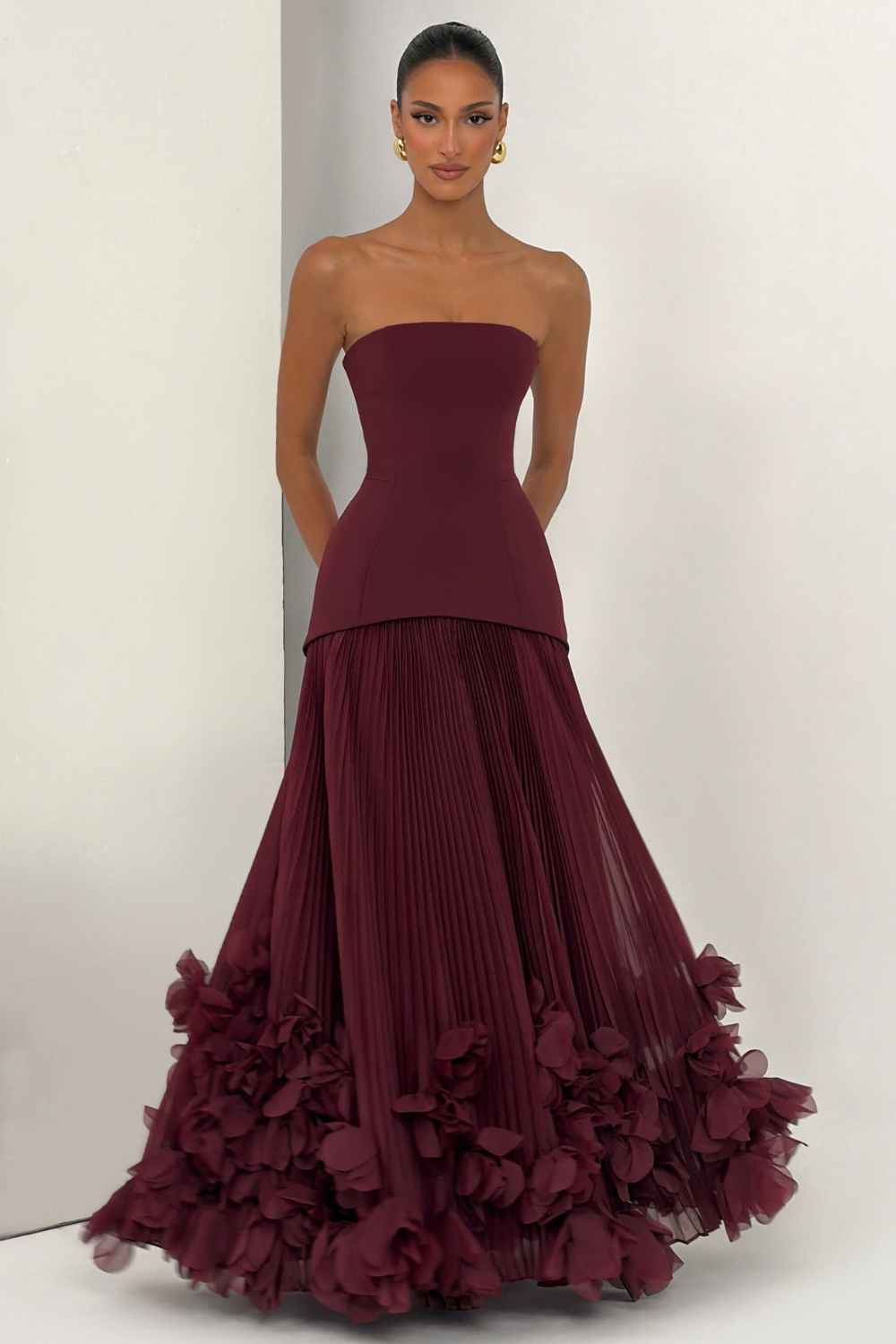 Aurélie Vincent | Cherry Red Pleated Maxi Dress – Strapless Bustier 3D Flower Organza Evening Gown