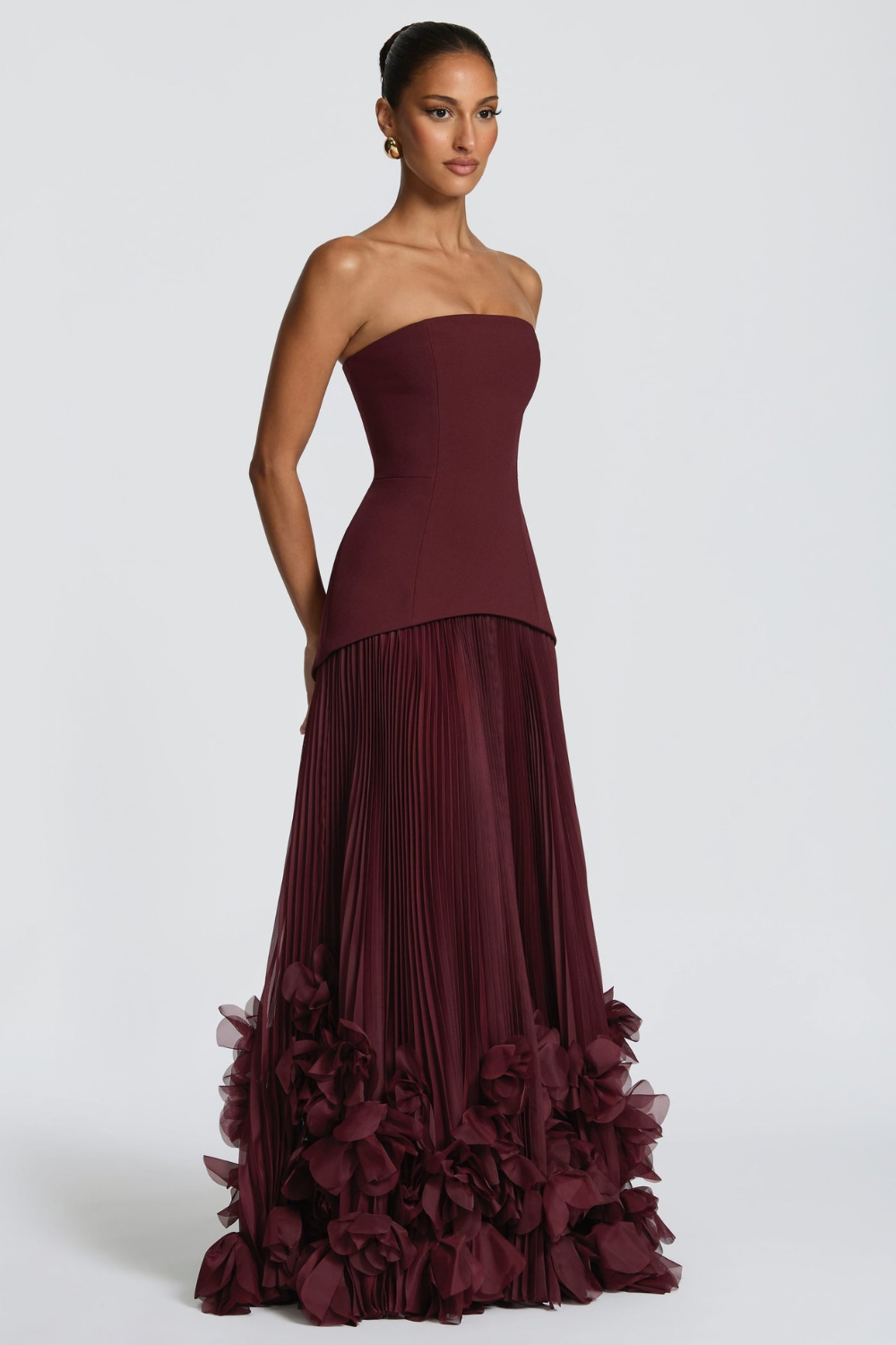 Aurélie Vincent | Cherry Red Pleated Maxi Dress – Strapless Bustier 3D Flower Organza Evening Gown