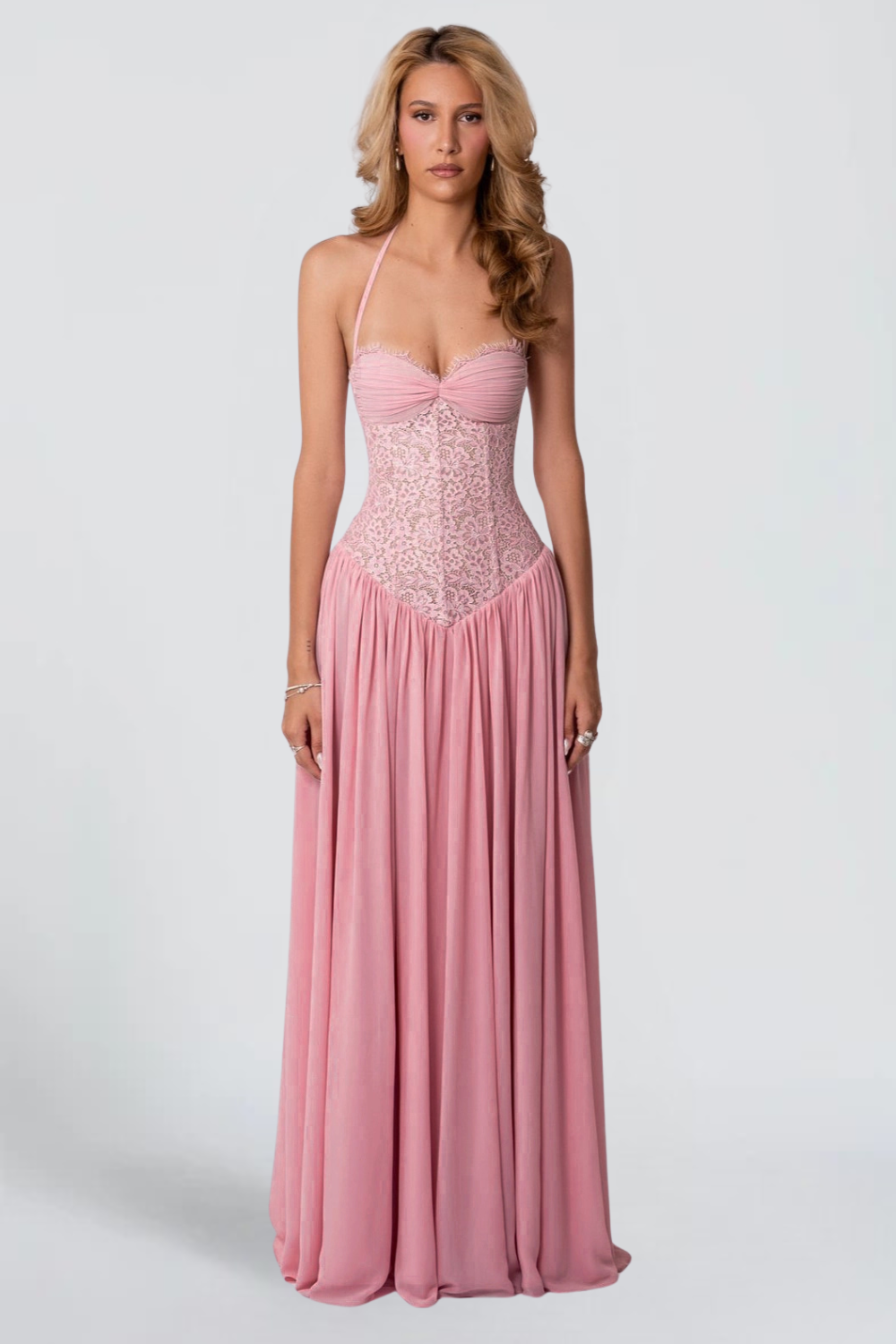Louise Girard | Lace Corset Maxi Dress – Bustier Drop Waist Pleated Flowy Vintage Gown