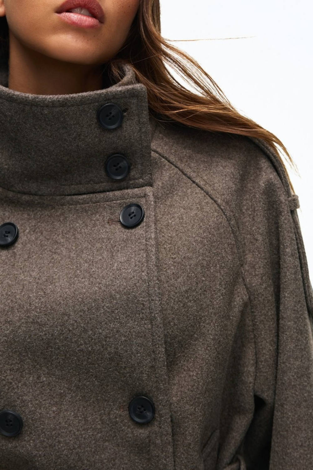 Hélène Blanchard | Women's Black Funnel Neck Trench Coat – Short Belted Double-Breasted Jacket