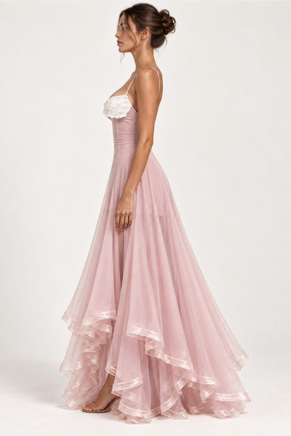Céline Rousseau | Organza Corset Maxi Dress – Embroidered Spaghetti Strap Handkerchief Hem Princess Gown