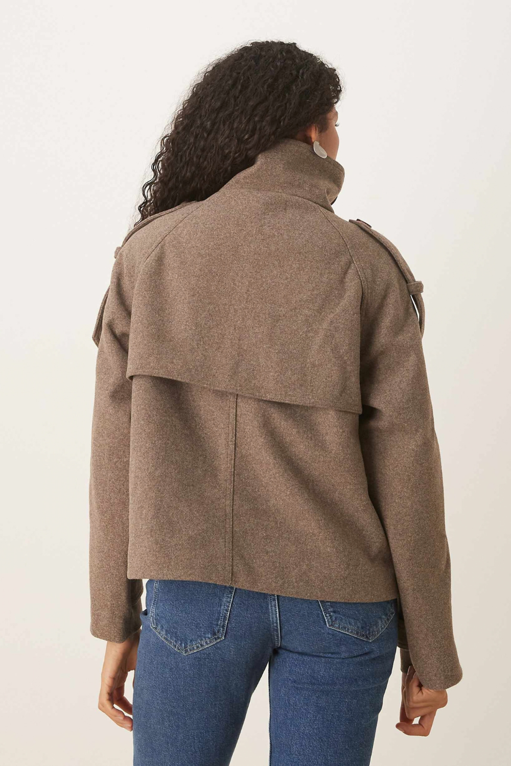 Coralie Legrand | Women's Short Trench Coat with Funnel Neck – Taupe Double-Breasted Jacket