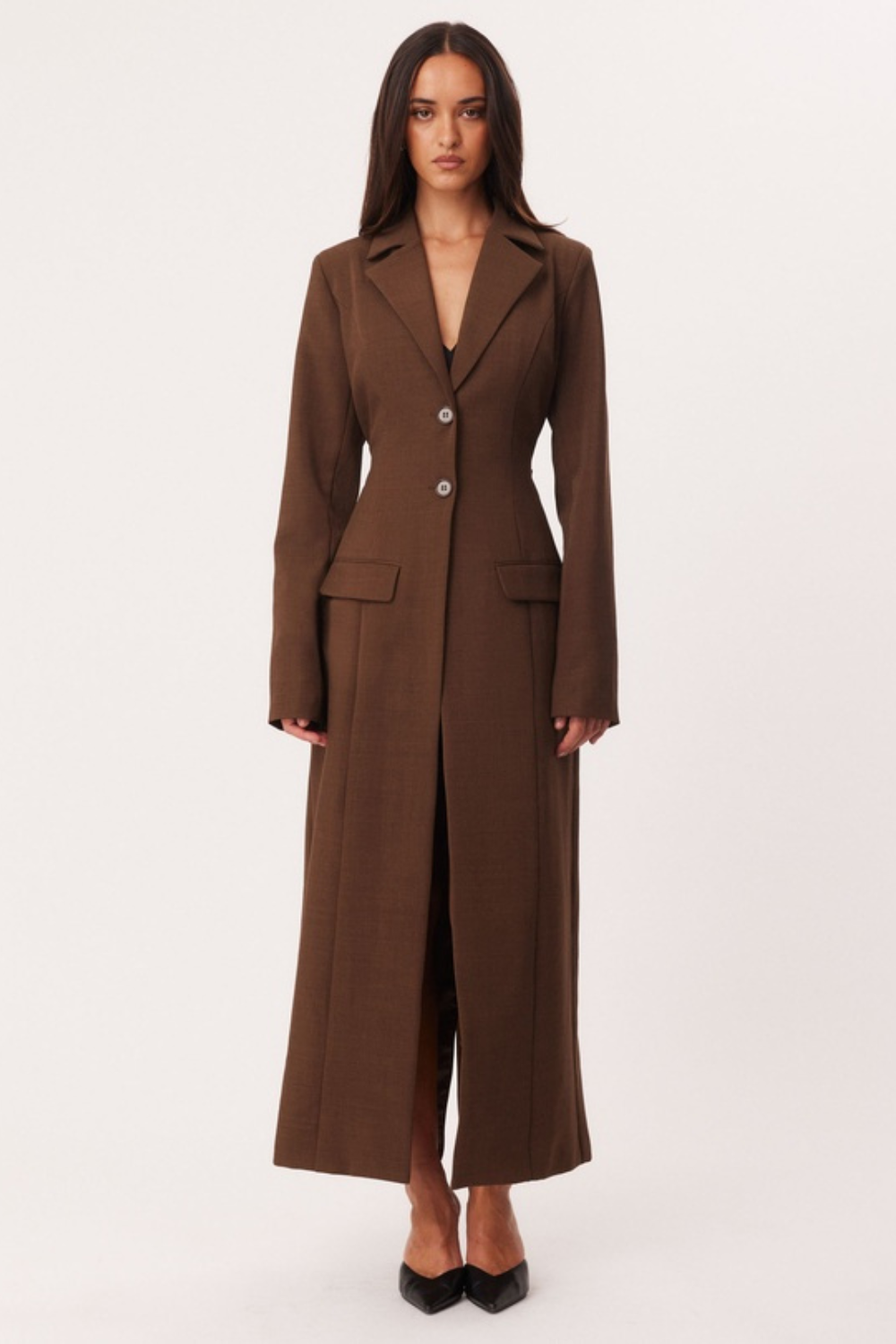 Amandine Gauthier | Women's Long Brown Coat – Fitted Single-Breasted Maxi Coat