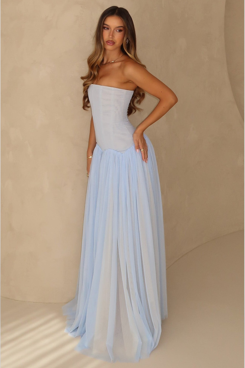 Margot Morel | Strapless Corset Tulle Maxi Dress – Pleated Boned Bodice Ball Gown