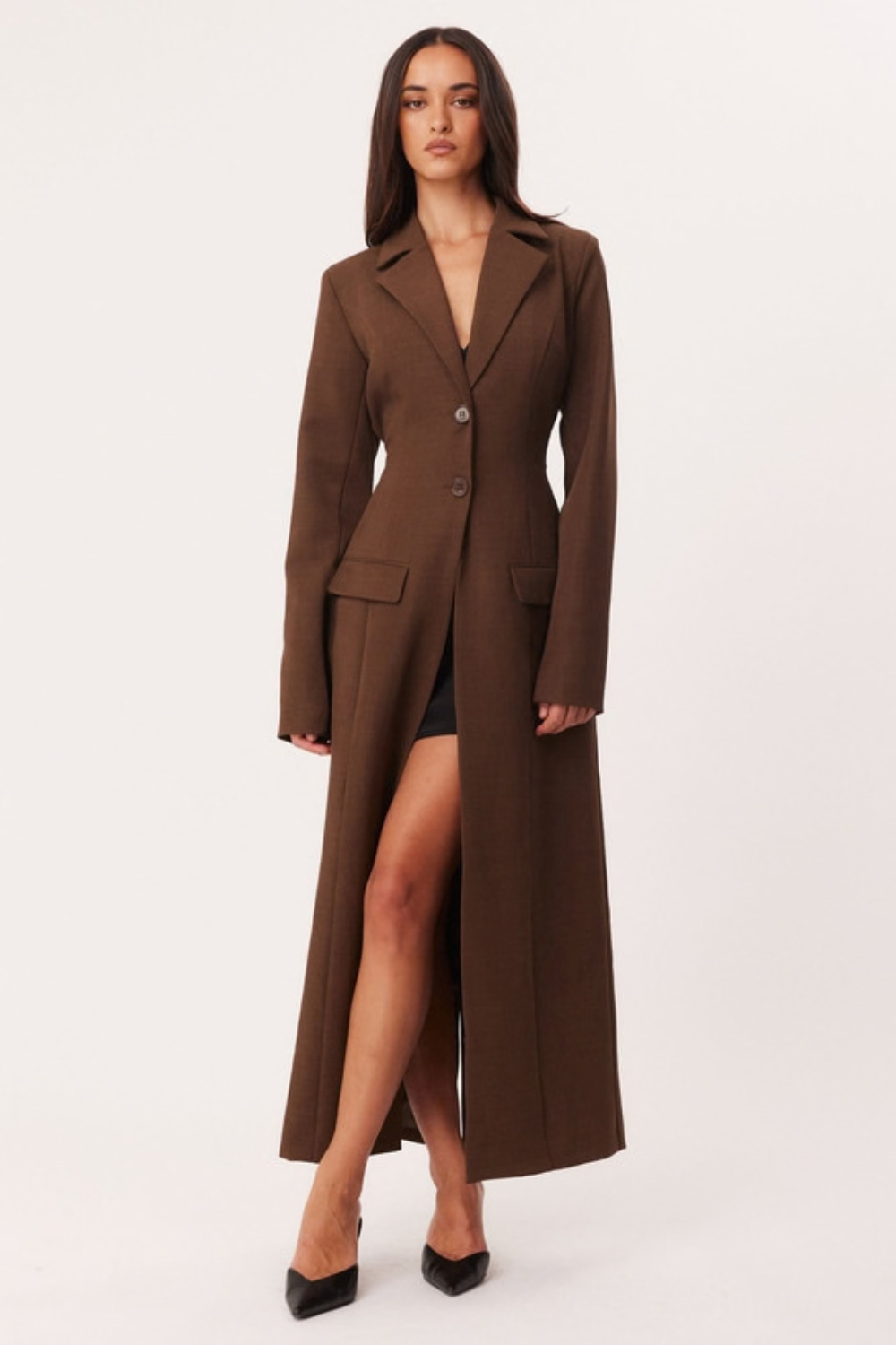 Amandine Gauthier | Women's Long Brown Coat – Fitted Single-Breasted Maxi Coat