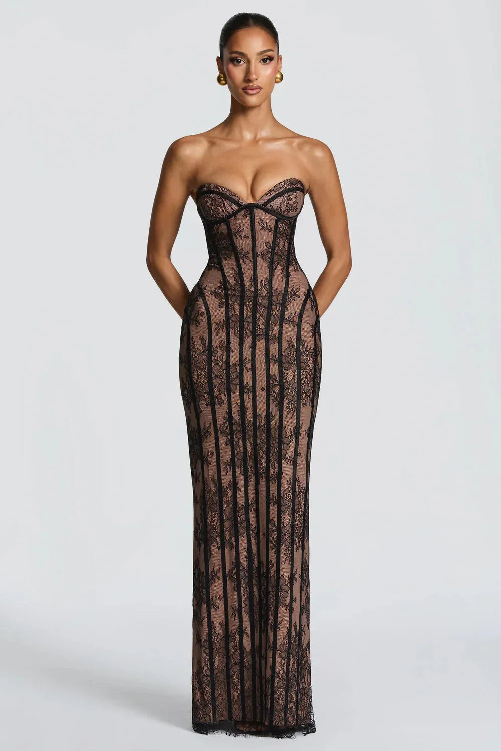 Amélie Dubois | Lace Corset Maxi Dress – Strapless Sweetheart Sheer Boned Evening Gown