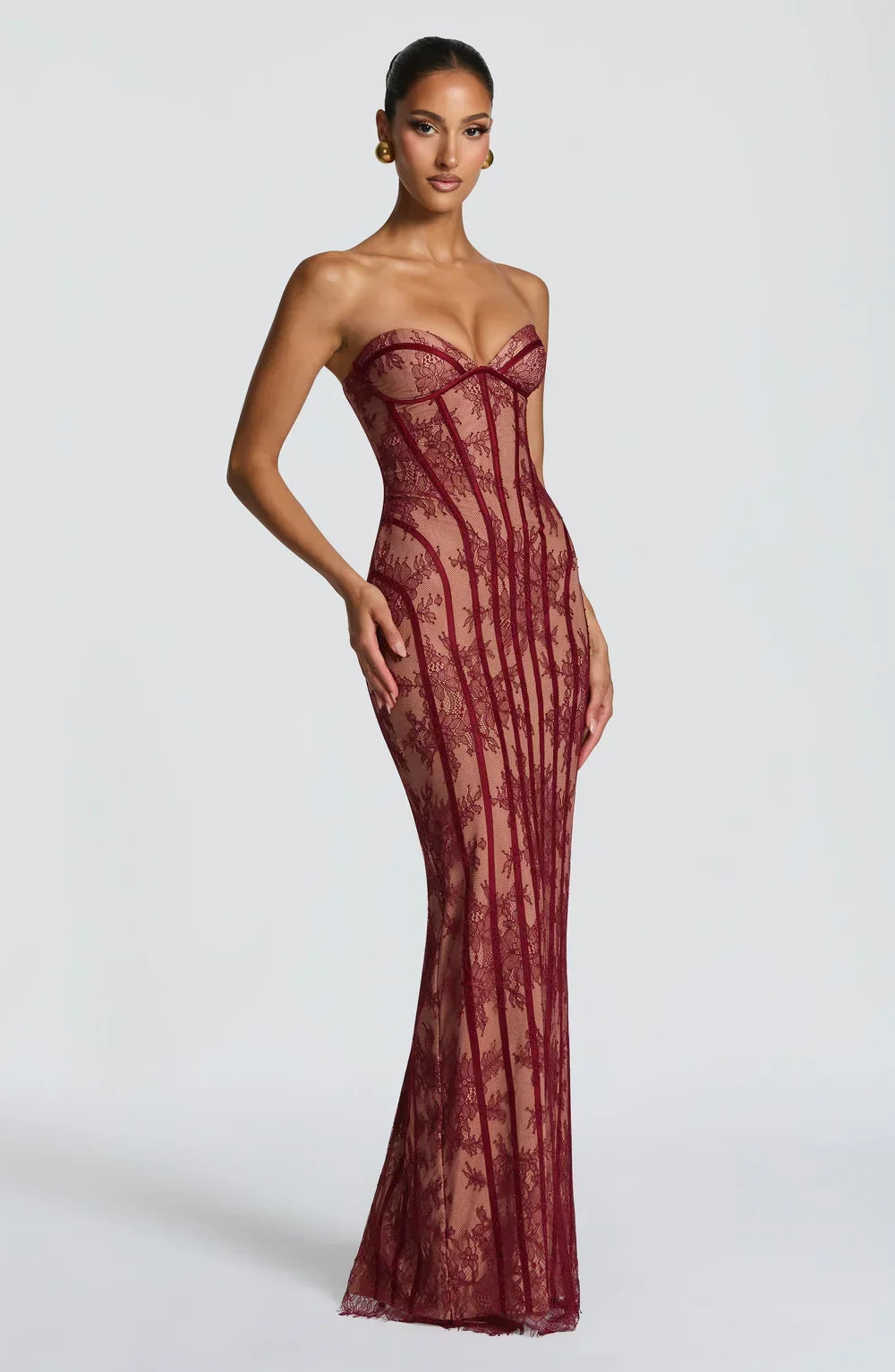 Amélie Dubois | Lace Corset Maxi Dress – Strapless Sweetheart Sheer Boned Evening Gown