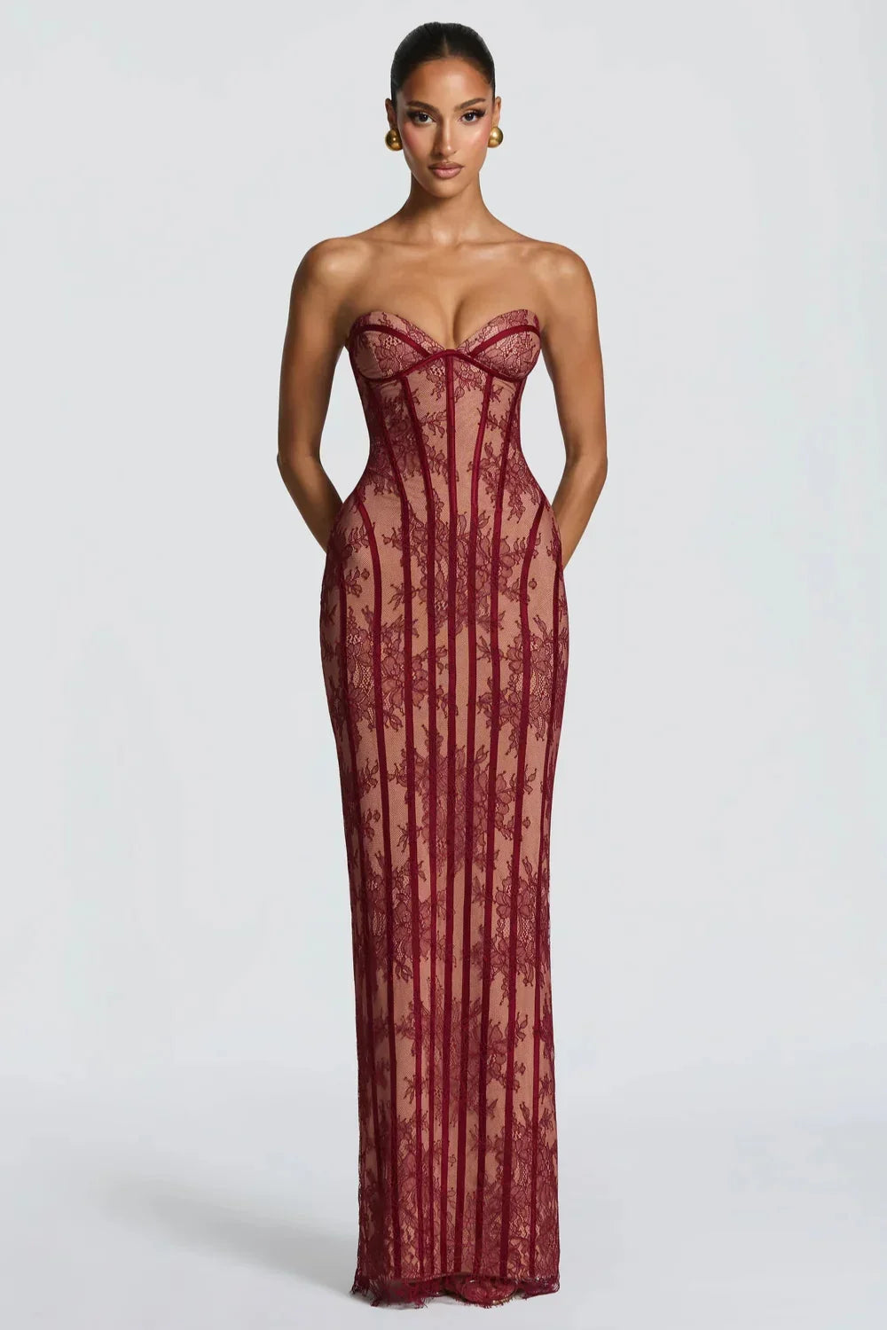 Amélie Dubois | Lace Corset Maxi Dress – Strapless Sweetheart Sheer Boned Evening Gown