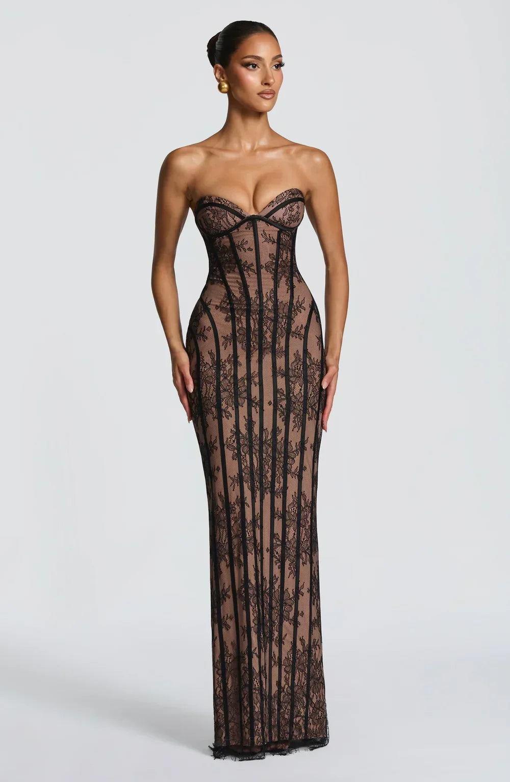 Amélie Dubois | Lace Corset Maxi Dress – Strapless Sweetheart Sheer Boned Evening Gown