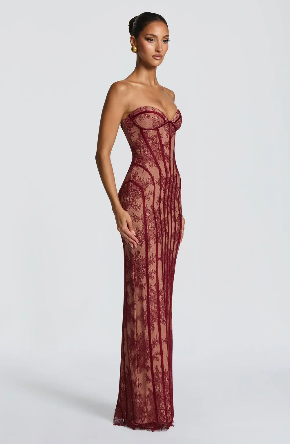 Amélie Dubois | Lace Corset Maxi Dress – Strapless Sweetheart Sheer Boned Evening Gown