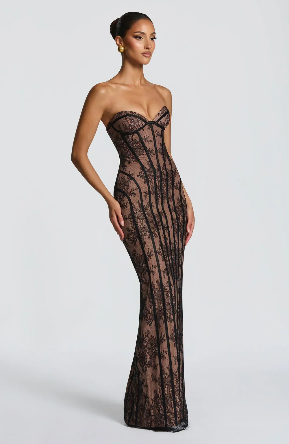 Amélie Dubois | Lace Corset Maxi Dress – Strapless Sweetheart Sheer Boned Evening Gown