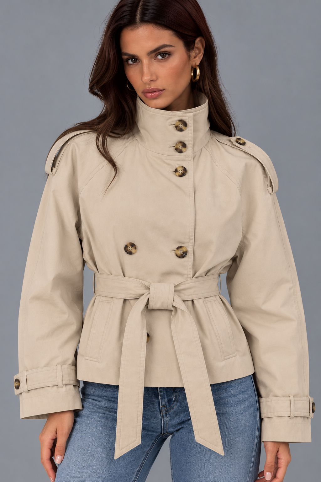 Flavie Brun | Women's Cropped Belted Trench Jacket – Beige Short Trench Coat