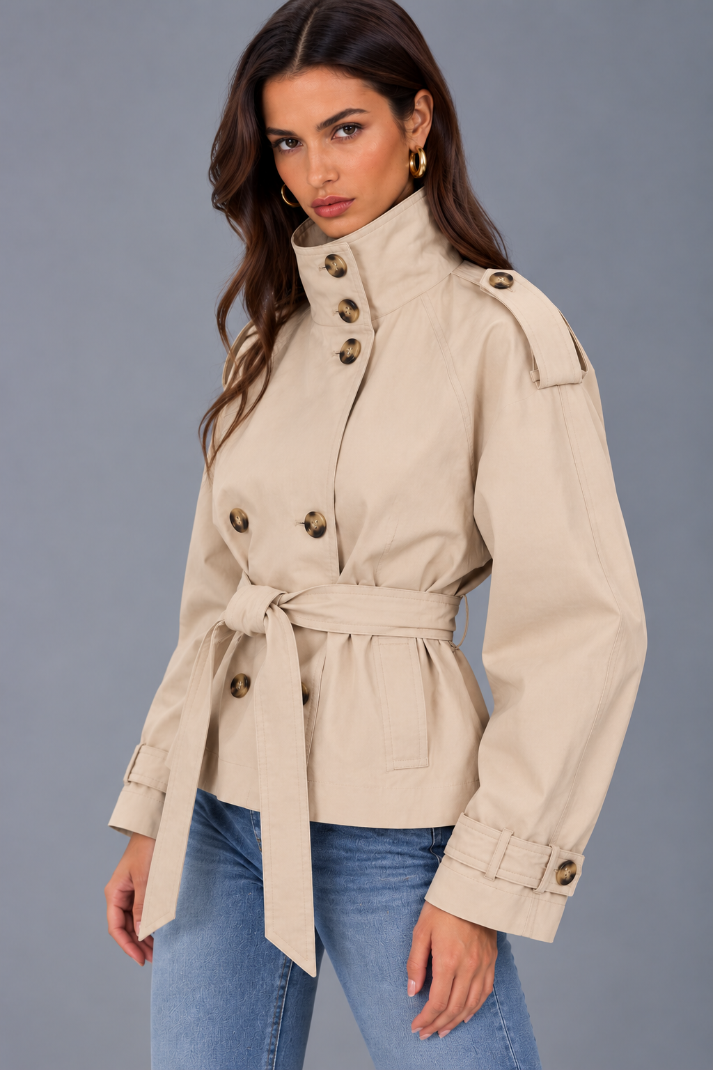 Flavie Brun | Women's Cropped Belted Trench Jacket – Beige Short Trench Coat
