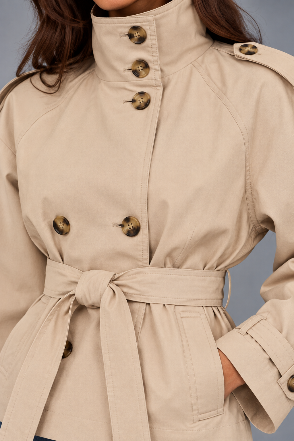 Flavie Brun | Women's Cropped Belted Trench Jacket – Beige Short Trench Coat