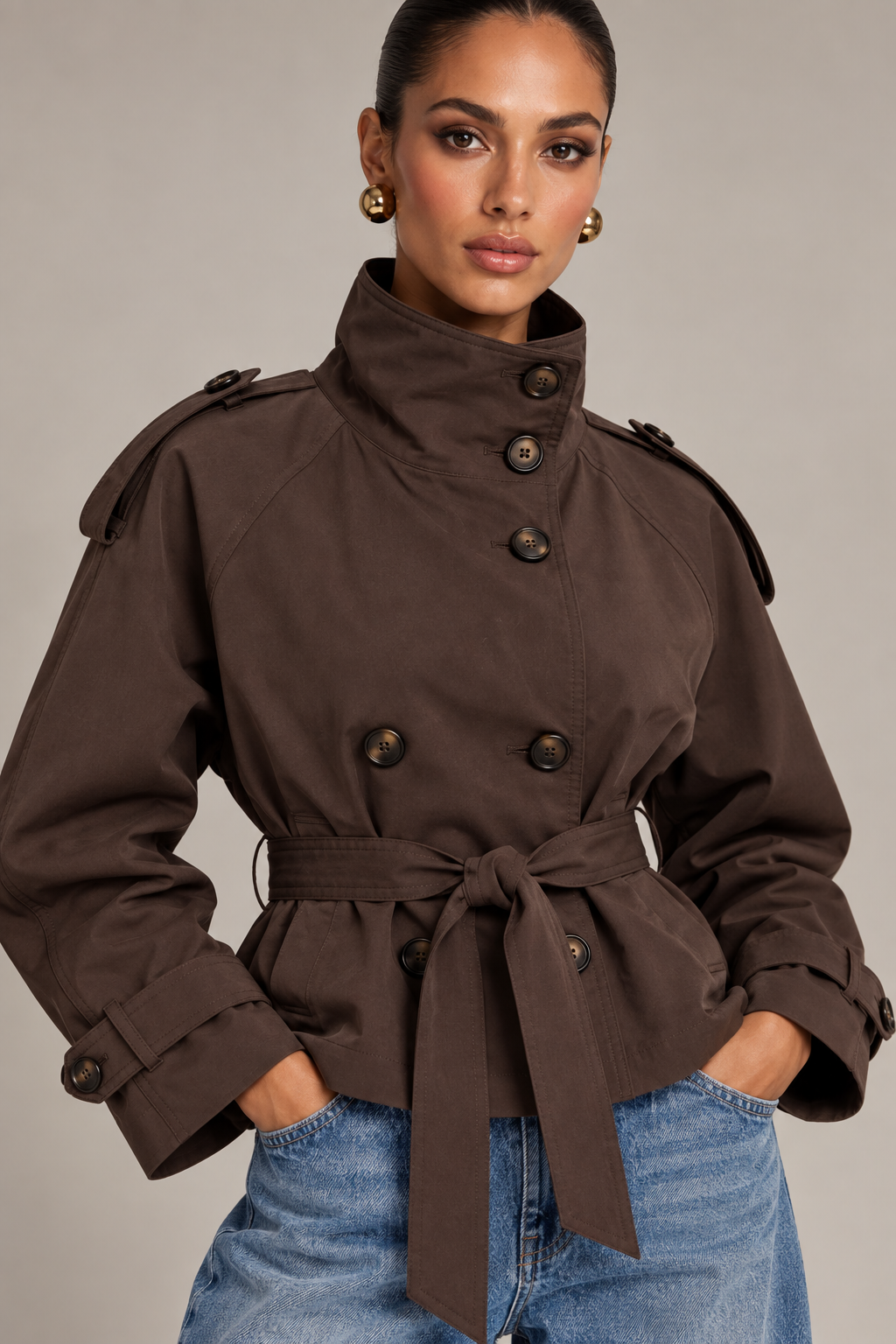 Flavie Brun | Women's Cropped Belted Trench Jacket – Beige Short Trench Coat