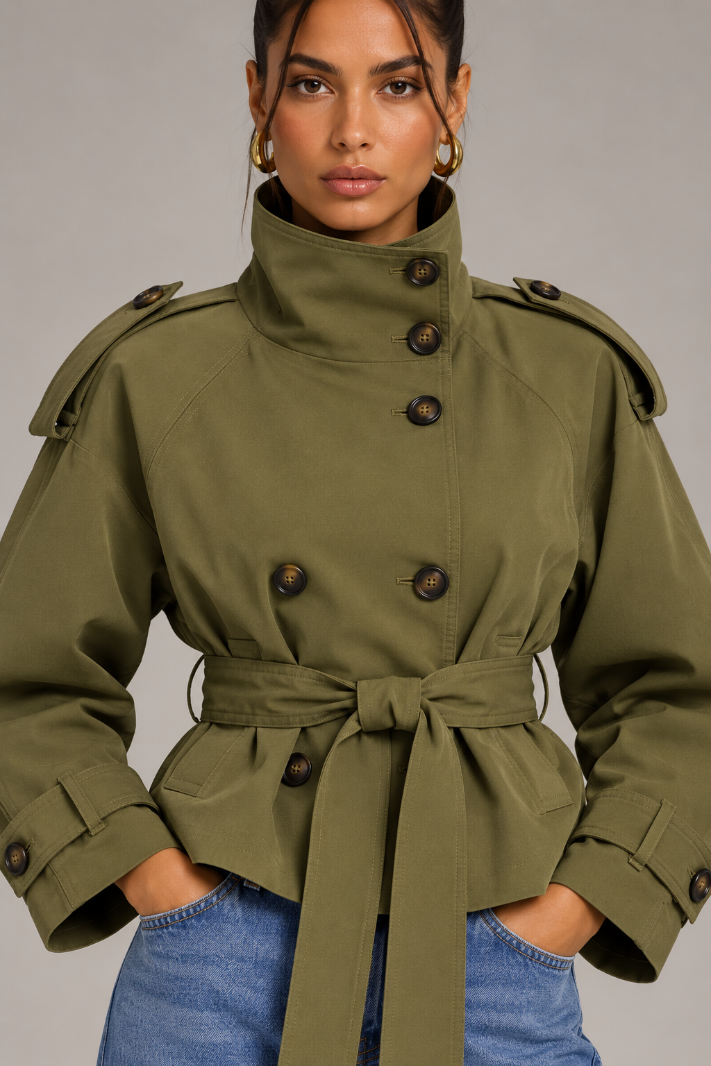 Flavie Brun | Women's Cropped Belted Trench Jacket – Beige Short Trench Coat