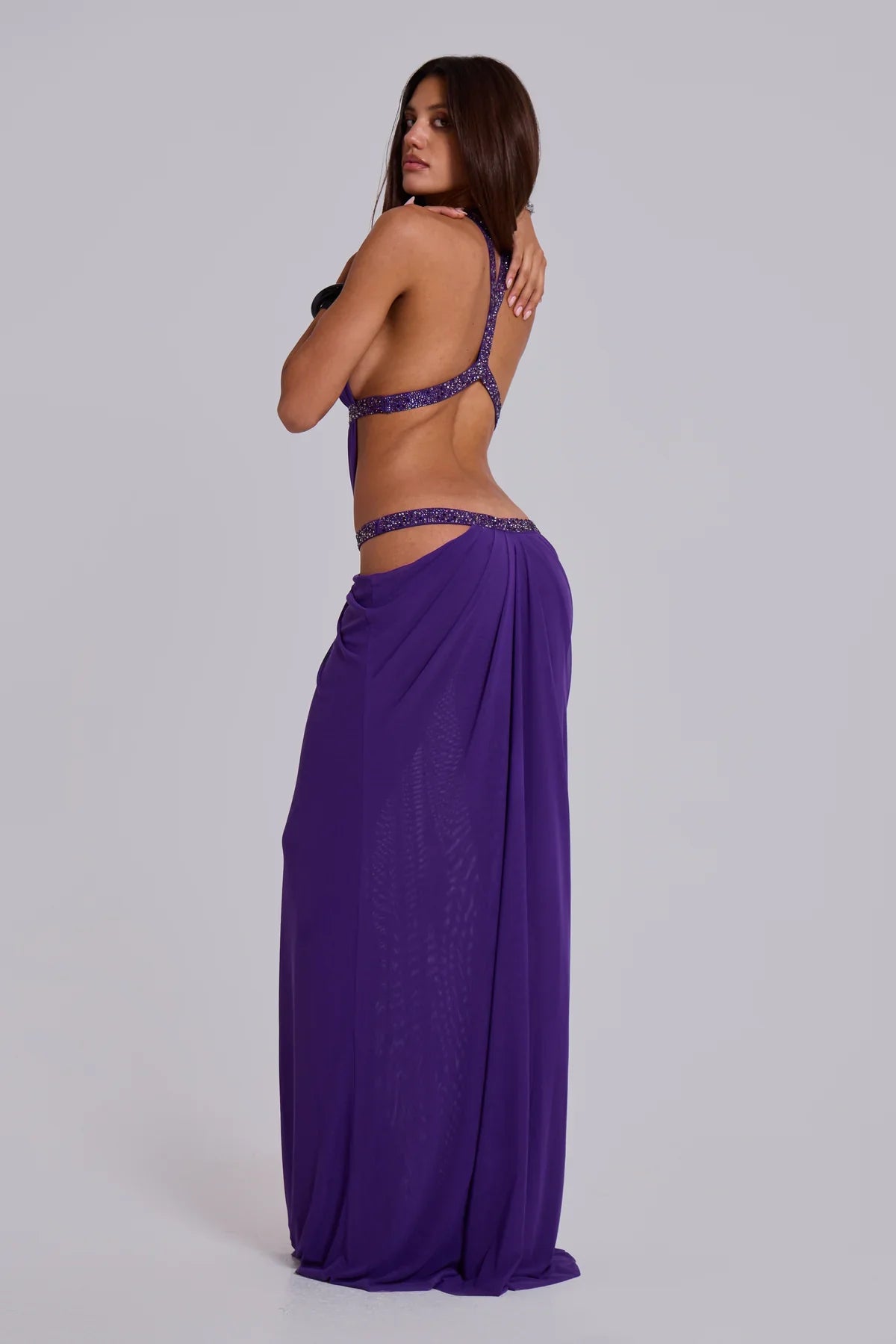 Émeline Vaillant | Halter Neck Cut Out Maxi Dress – Embellished Sparkly Draped Evening Gown