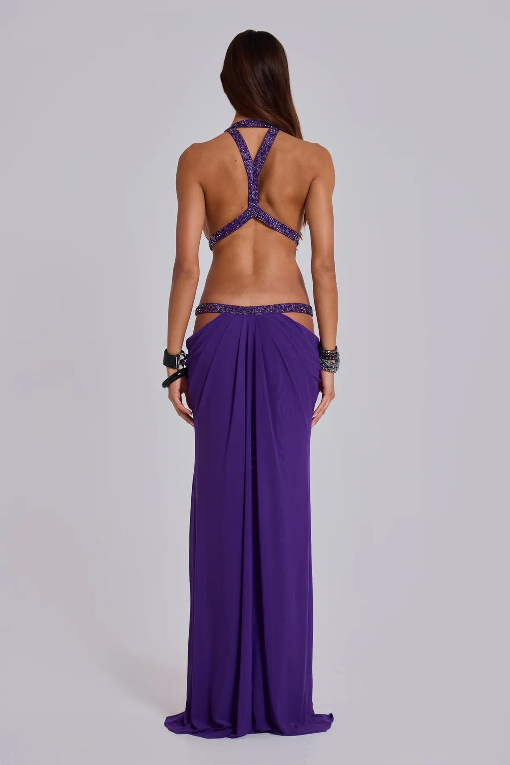Émeline Vaillant | Halter Neck Cut Out Maxi Dress – Embellished Sparkly Draped Evening Gown