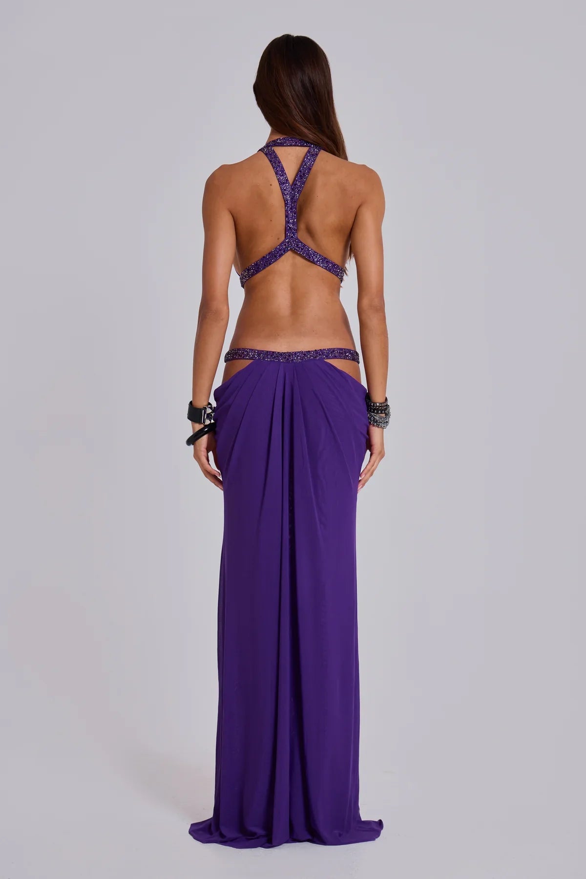 Émeline Vaillant | Halter Neck Cut Out Maxi Dress – Embellished Sparkly Draped Evening Gown