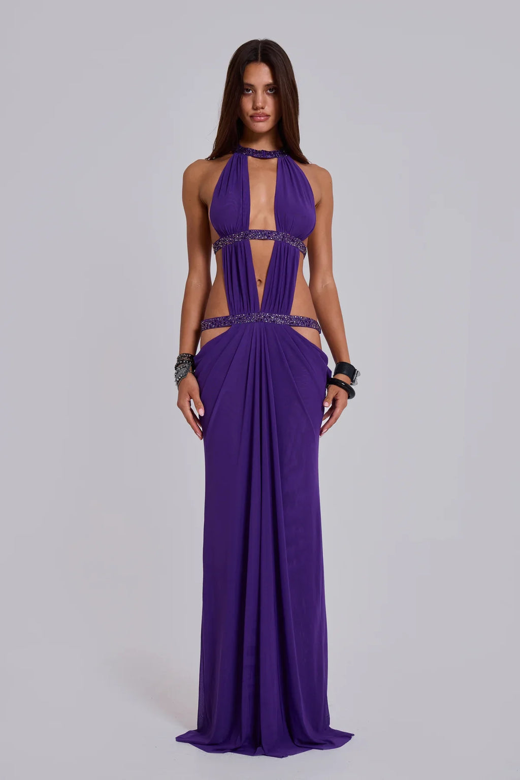 Émeline Vaillant | Halter Neck Cut Out Maxi Dress – Embellished Sparkly Draped Evening Gown