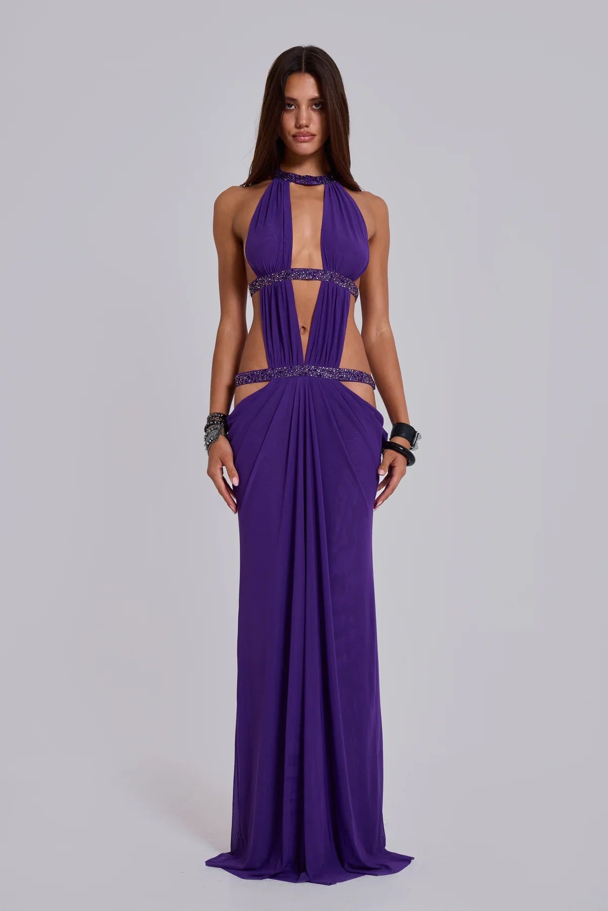 Émeline Vaillant | Halter Neck Cut Out Maxi Dress – Embellished Sparkly Draped Evening Gown