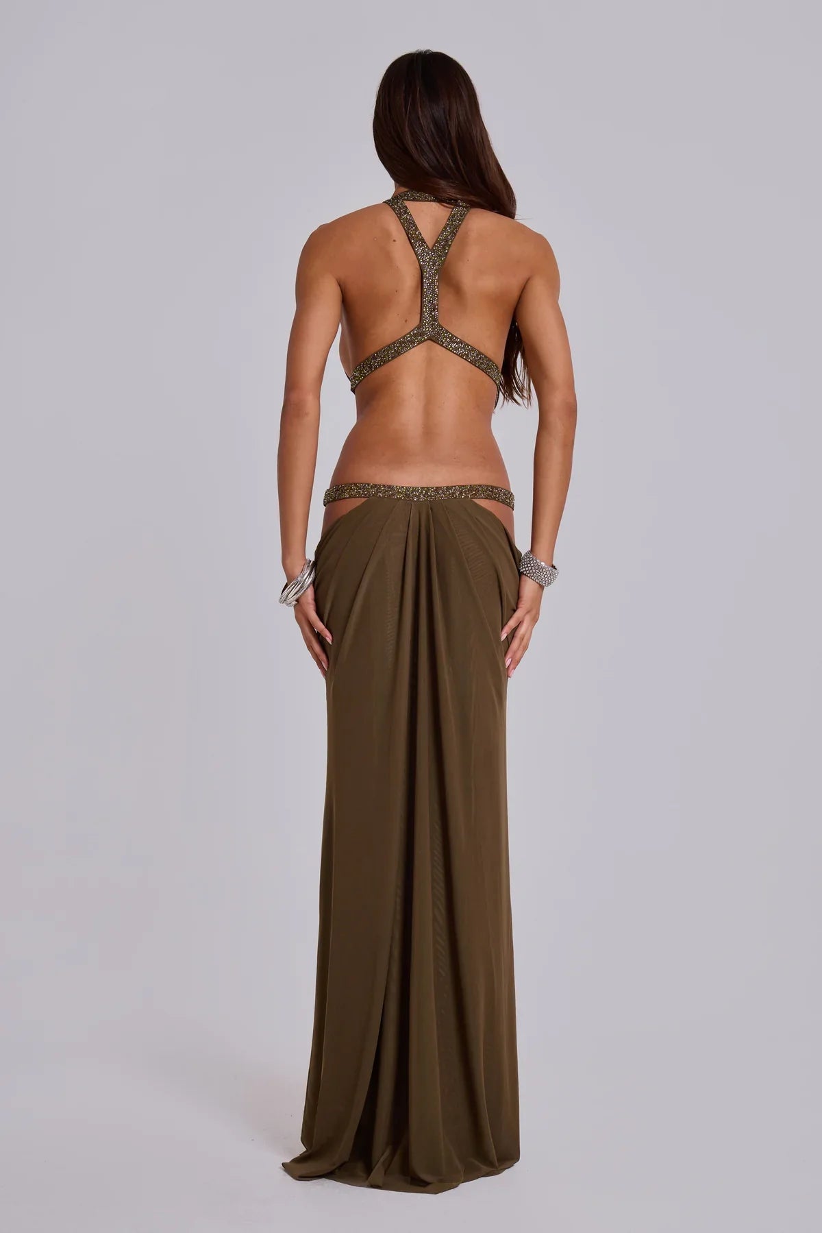 Émeline Vaillant | Halter Neck Cut Out Maxi Dress – Embellished Sparkly Draped Evening Gown