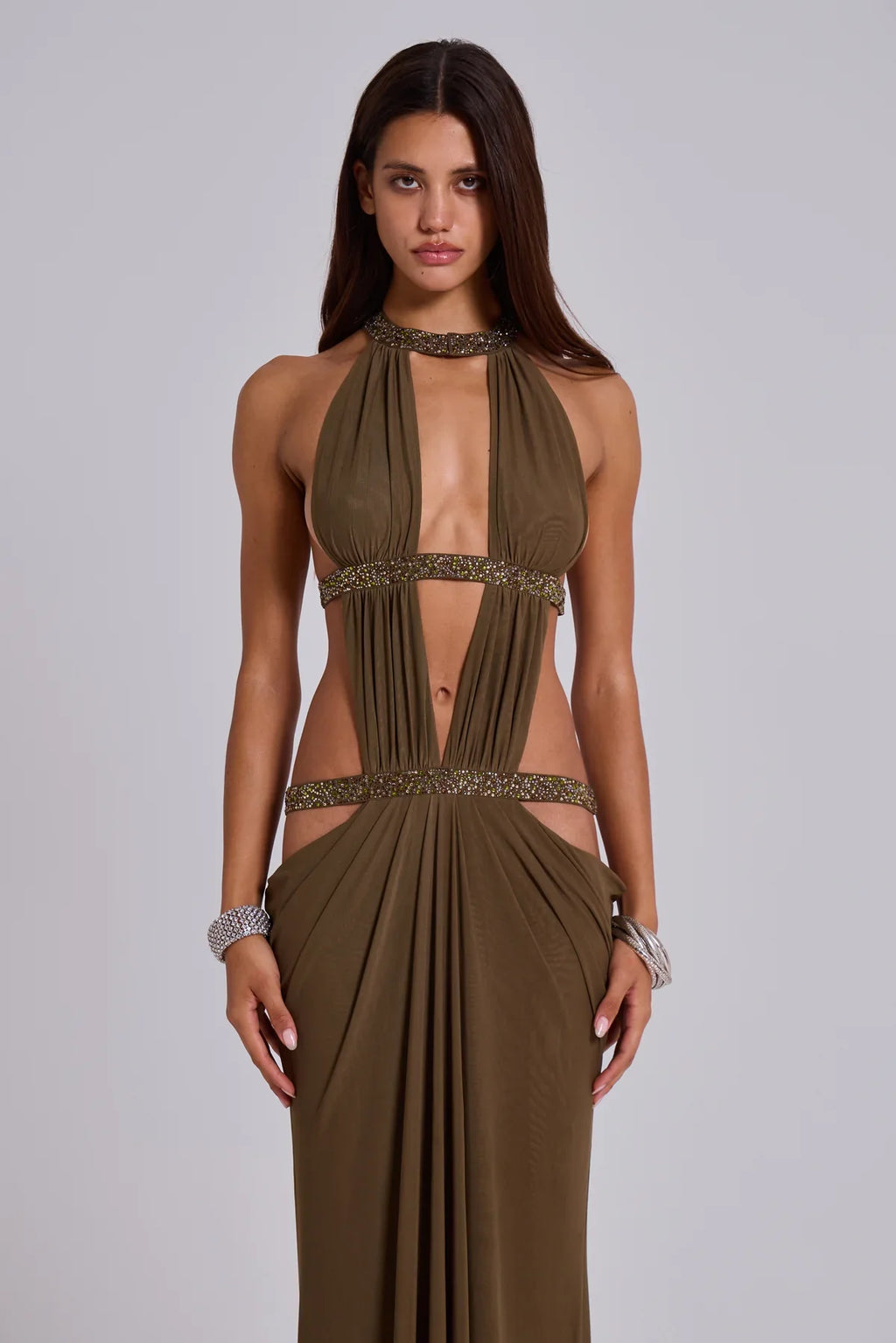Émeline Vaillant | Halter Neck Cut Out Maxi Dress – Embellished Sparkly Draped Evening Gown