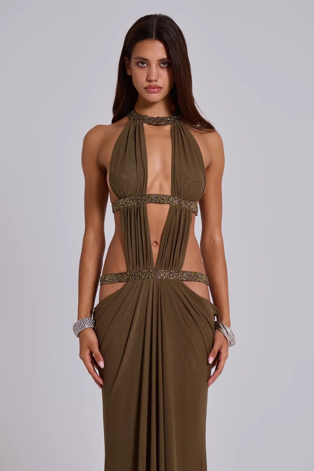 Émeline Vaillant | Halter Neck Cut Out Maxi Dress – Embellished Sparkly Draped Evening Gown