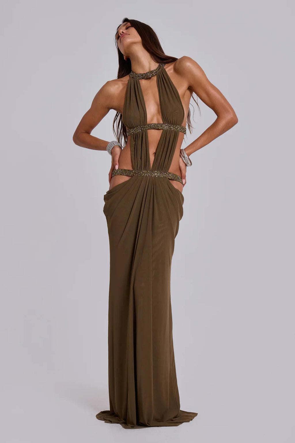 Émeline Vaillant | Halter Neck Cut Out Maxi Dress – Embellished Sparkly Draped Evening Gown