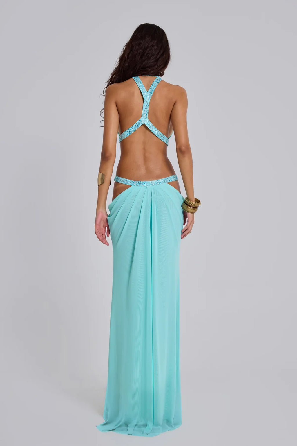 Émeline Vaillant | Halter Neck Cut Out Maxi Dress – Embellished Sparkly Draped Evening Gown