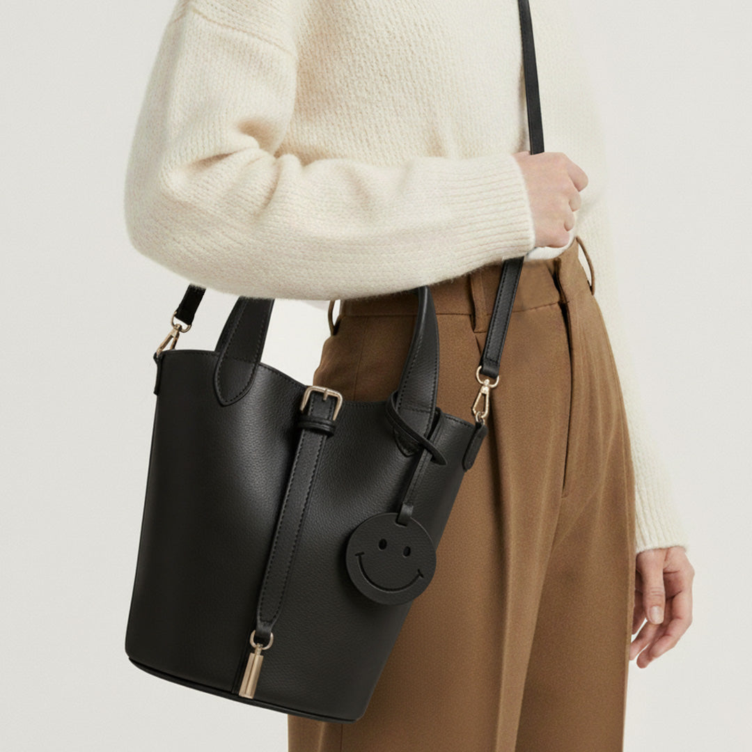 Vionnet | Women's Leather Smile Bag – Tan Bucket Handbag with Crossbody Strap