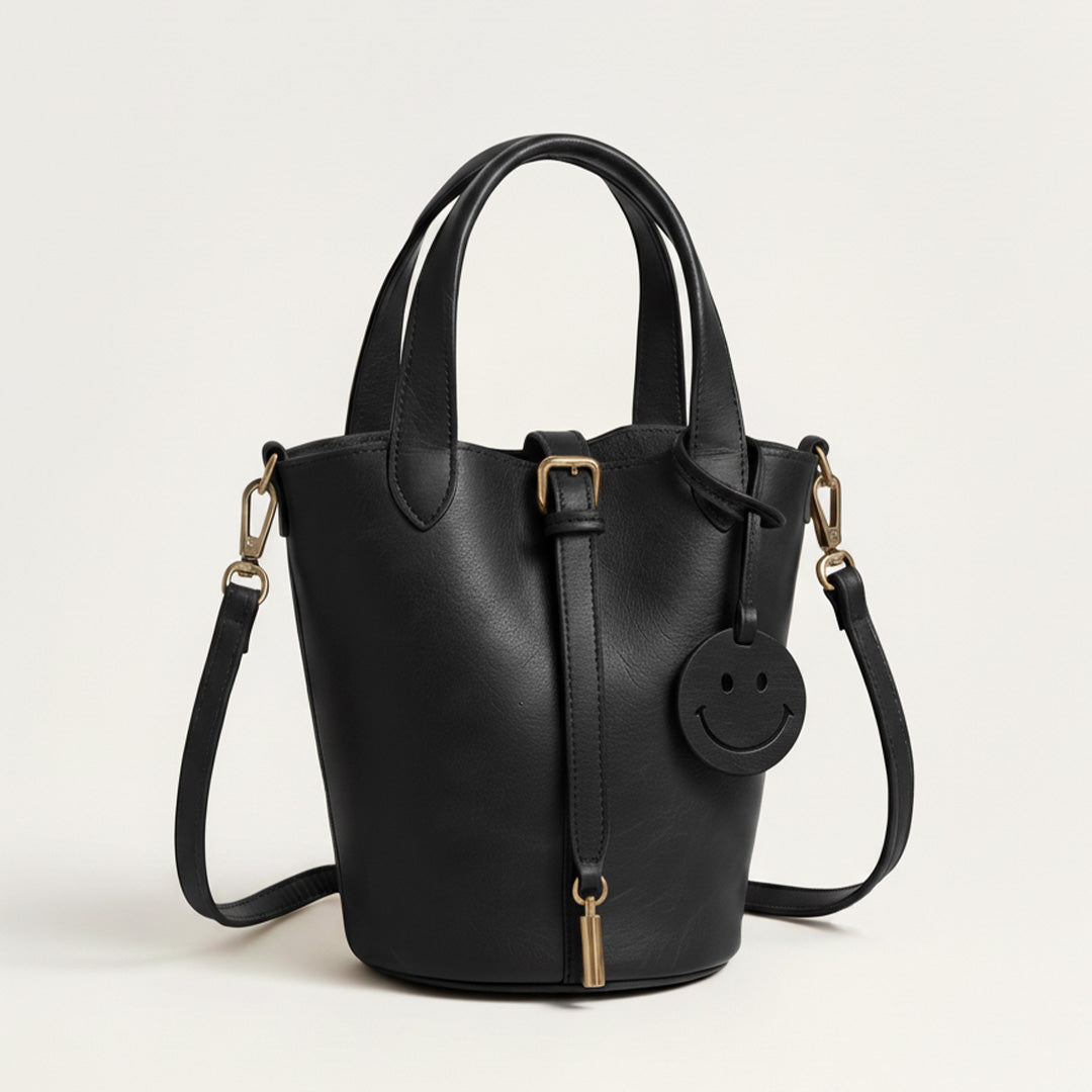 Vionnet | Women's Leather Smile Bag – Tan Bucket Handbag with Crossbody Strap
