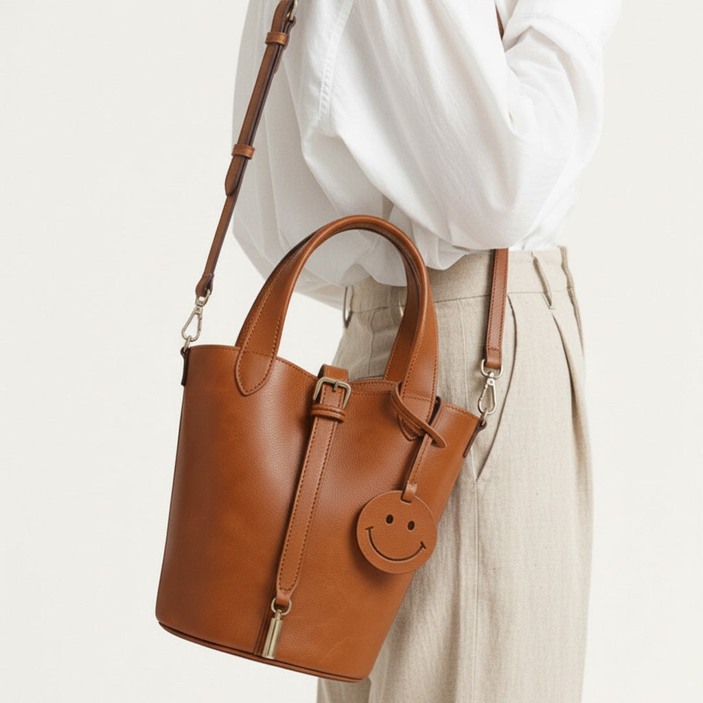 Vionnet | Women's Leather Smile Bag – Tan Bucket Handbag with Crossbody Strap