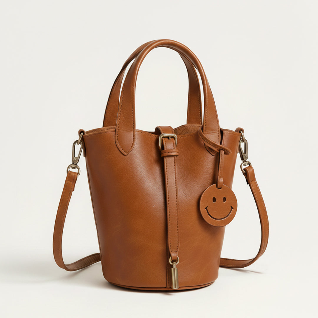 Vionnet | Women's Leather Smile Bag – Tan Bucket Handbag with Crossbody Strap