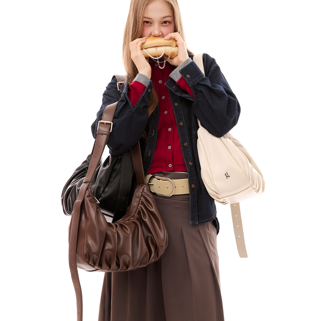 Valdoro | Women's Croissant Leather Sling Bag – Brown Ruched Shoulder Bag