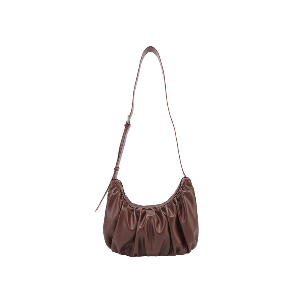 Valdoro | Women's Croissant Leather Sling Bag – Brown Ruched Shoulder Bag