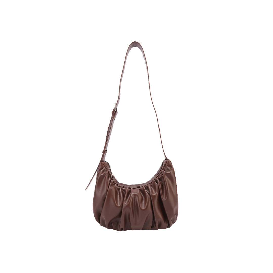 Valdoro | Women's Croissant Leather Sling Bag – Brown Ruched Shoulder Bag
